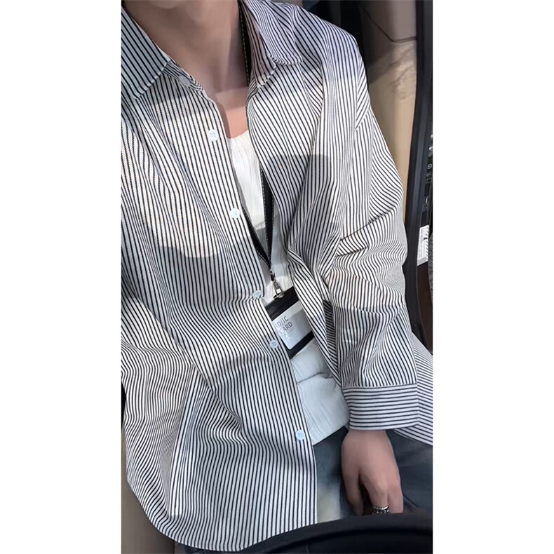 日系复古条纹长袖衬衫男高级感穿搭大码休闲衬衣外套C2251-特价28,男装衬衫,电商A007