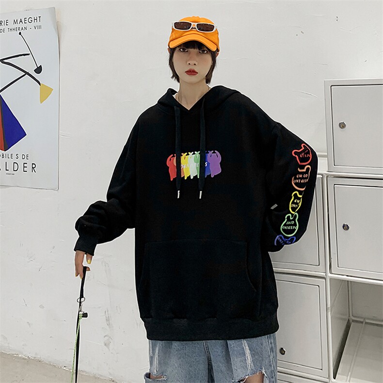 彩虹熊情侣卫衣韩版宽松慵懒风连帽卫衣男潮牌新款HY07TP35控48,男装卫衣,电商A102B