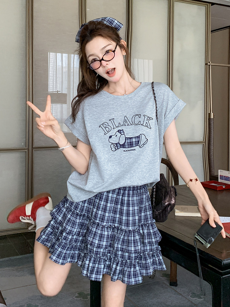 盐甜系卡通印花T恤格子半身裙两件套女2025夏新款韩版休闲小个子,女装运动套装,浙宝285（原212）