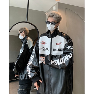 517A-8-JK005-P105 秋季新款现货美式撞色高街拼接赛车服皮衣图片