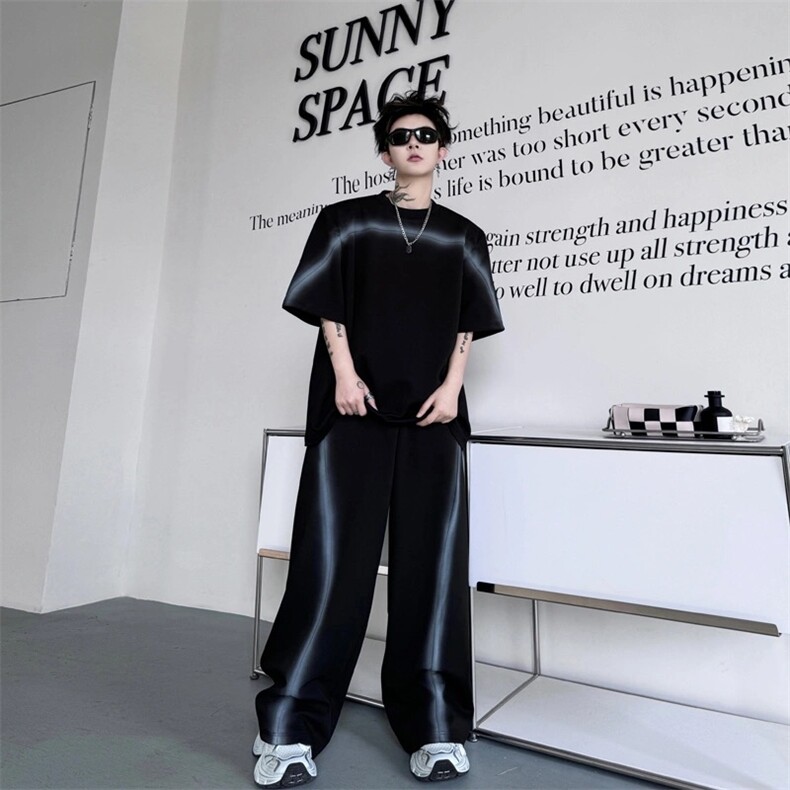 1506-1/TJ1701/P75撞色手绘线条短袖休闲阔腿长裤套装二件套1，男装T恤，星座1506-1