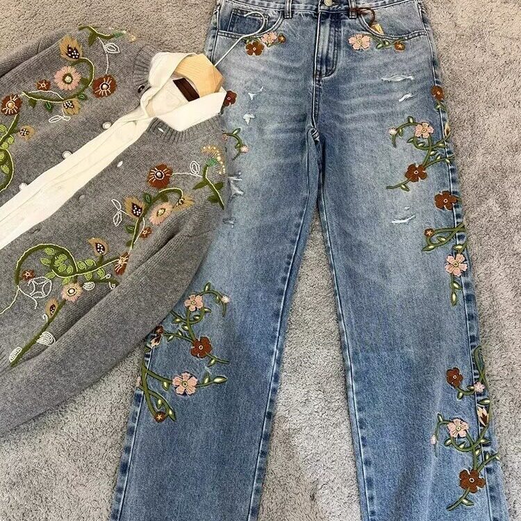 美式复古花卉刺绣设计感牛仔裤男女高街小众破洞直筒百搭阔腿裤子,男装牛仔裤,星座506A