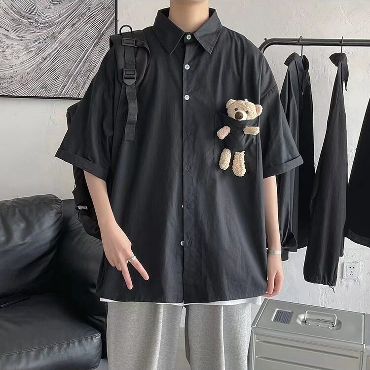 公仔小熊短袖衬衫男女夏季韩版潮流宽松潮牌cleanfit休闲情侣衬衣,男装T恤,星座1210-1