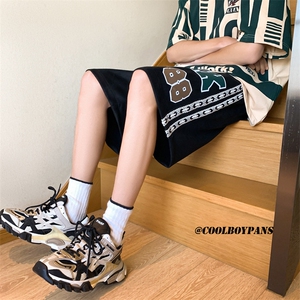 XZ213-DK15-P45控58 港风麂皮绒高街印花抽绳运动休闲裤五分裤图片