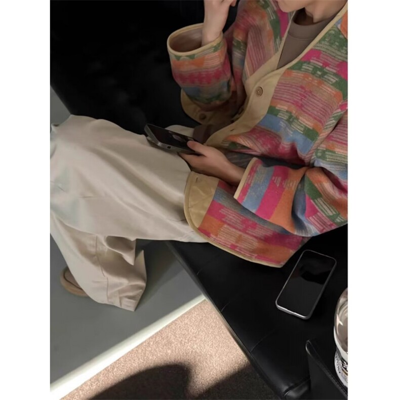 秋季复古宽松民族风撞色呢料V领纽扣彩虹夹克外套男M3106,男装民族服装,星座1116A（原606A-3）