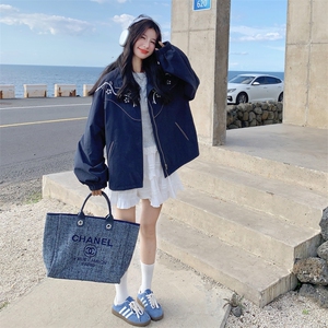 藏青色别致刺绣休闲风外套女2025年春秋季新款韩系松弛感时尚夹克图片