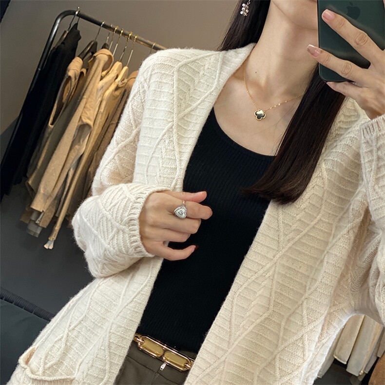 中长款100%纯羊毛开衫女V领重磅加厚腰带外套毛衣宽松羊绒衫上衣,女装羊毛衫,狄美羊绒