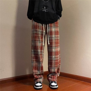WJ2102-P38日系垂感格子裤男春秋季休闲宽松高街复古直筒阔腿裤