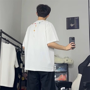 万针全刺绣工艺抖音得物高品质260克重磅纯棉双纱美式高街短袖T恤图片