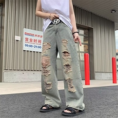 高街做旧废土色破洞牛仔裤男女复古小众直筒乞丐长裤RK3111-P42，男装牛仔裤，星座412-1