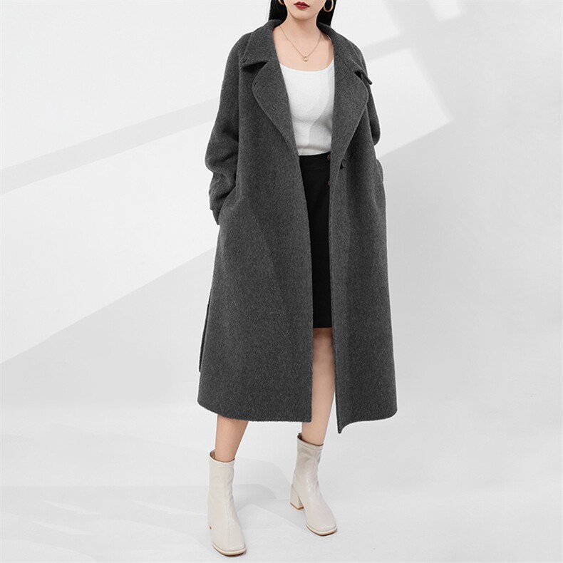 秋季耗牛绒立领宽松灰色双面羊绒大衣女中长款2024新款羊毛呢外套，女装双面呢大衣，怡欣双面呢工厂店