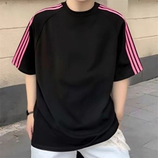 抖音得物品质二开240克宽松纯棉美式潮牌印花三条杠中性风短袖T恤，男装T恤，电商A486-1