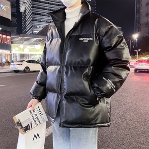 新款立领pu皮印花棉衣男秋冬季加厚面包服外套保暖棉服MY613-P115,娃娃领上衣衬衣搭配半身裙图片