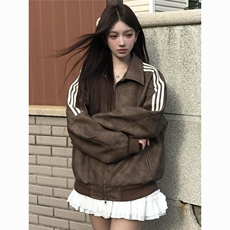 美式复古美拉德棕擦色条纹翻领皮衣外套情侣潮牌宽松百搭夹克，男装皮衣，星座1210-1