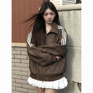 美式复古美拉德棕擦色条纹翻领皮衣外套情侣潮牌宽松百搭夹克图片