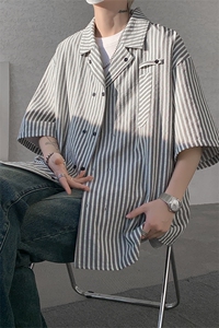 春夏英伦学院风青春男大竖条纹短袖衬衫翻领外套 口袋设计短袖P40图片