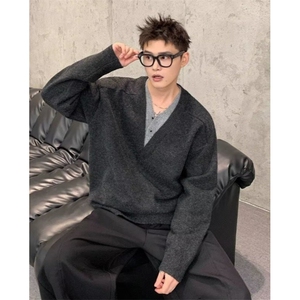 春季新款百搭时尚舒适V领套头长袖毛衫慵懒风套头毛衣男 MK150图片