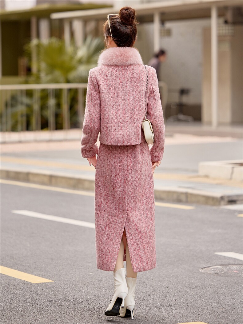 2026年冬季新款小香风长款裙子高级法式套装90羽绒服真狐狸毛领子,女装套装/套裙,小九月