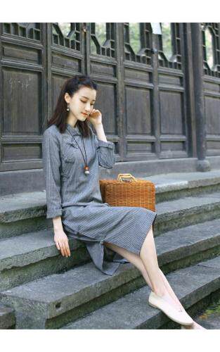 现货亚麻、苎麻盘扣裙，女装，蓝院