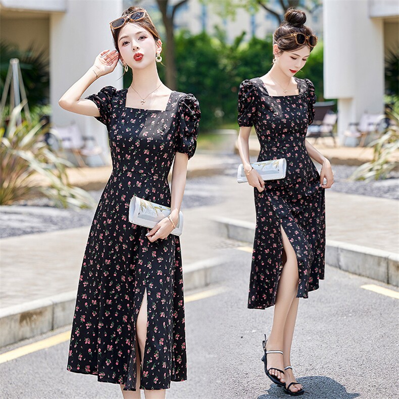 法式气质方领碎花连衣裙女2024夏季新款修身显瘦气质开叉雪纺裙子，女装连衣裙，布芭啦