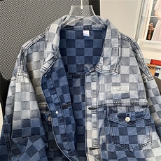 港风春款男牛仔夹克棋盘格字母贴边渐变色休闲外套JK49P70，男装夹克，星座1013-1