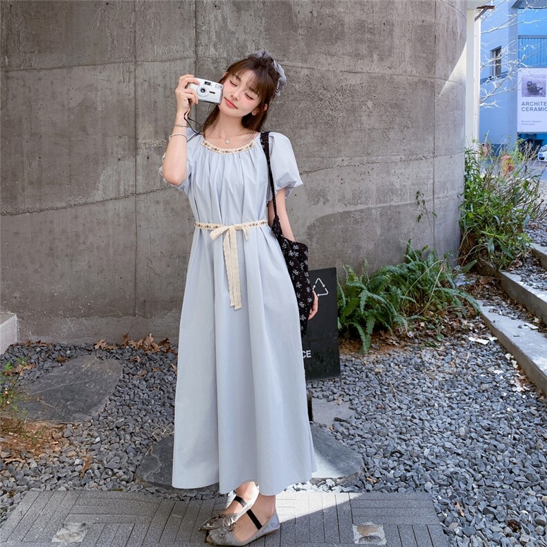 氛围感法式泡泡袖连衣裙女夏2025新款米色独特漂亮气质感超火长裙,女装连衣裙,2D076