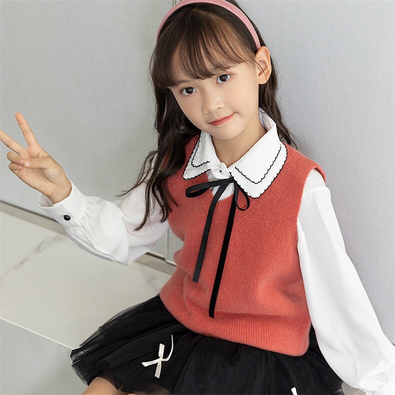 时尚儿童纯色马甲秋季男女童可爱领结设计保暖舒适无袖针织衫，童装马夹/背心，冰晶童装