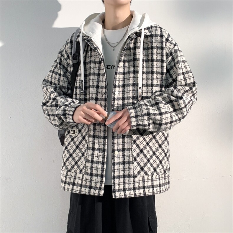 黑白棋盘格连帽冲锋夹克新款宽松防风情侣装外套A406 JK6011 P90图片