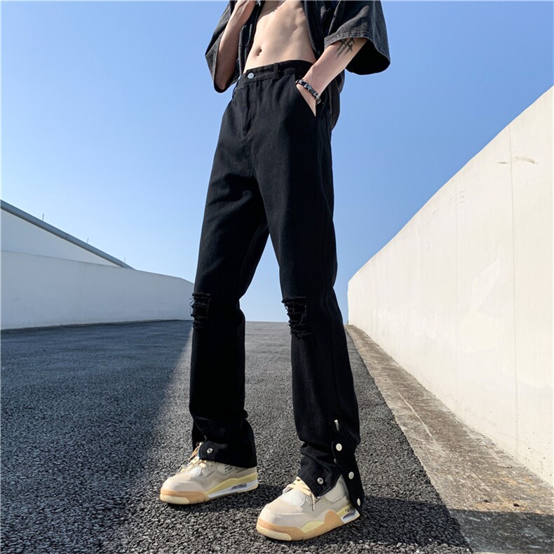 侧边拉链牛仔裤男士美式潮牌街头宽松休闲裤直筒长裤子N081-P45,男装牛仔裤,星座308B-1