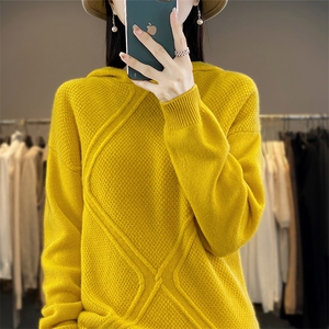 时尚百搭女士羊毛连帽衫 修身显瘦大菱形立体花纹毛衣图片