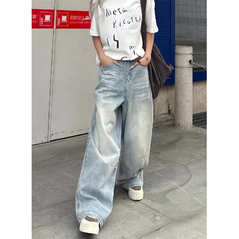 复古水洗磨白直筒牛仔裤女高街宽松显瘦阔腿坠感拖地裤N298,男装牛仔裤,星座1116A（原606A-3）