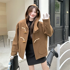 新款现货主推连帽牛角扣毛呢外套9895-P165-K248，女装毛呢外套，2C129