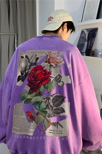 INS美式高街复古水洗卫衣花朵印花宽松卫衣JK23392特批48-控79图片