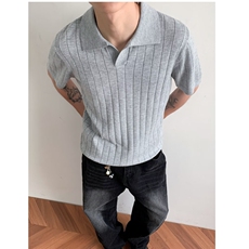 老钱风羊毛混纺条纹针织短袖T恤编织坑条V领POLO衫男MZ786-46，男装T恤，星座412-3