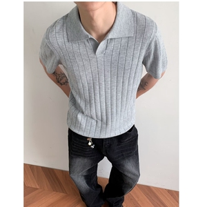 老钱风羊毛混纺条纹针织短袖T恤编织坑条V领POLO衫男MZ786-46图片