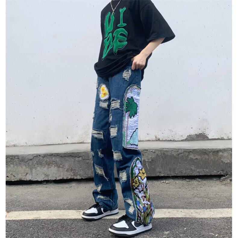 美式高街牛仔裤男韩版潮流刺绣个性2023秋冬新款ins长裤RK981-P81图片