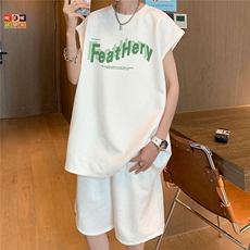 直播美式麂皮绒宽松背心无袖t恤短裤大码两件套套装TZ108-P58，男装T恤，电商A486