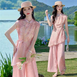 时尚洋气刺绣棉麻套装女2026夏季新款宽松遮肉衬衫领阔腿裤两件套，女装套装/套裙，众宇琦