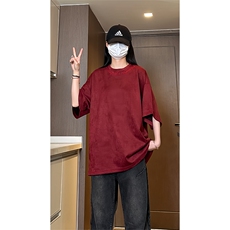 港风大码日系复古麂皮绒宽松套头圆领短袖T恤XZ213-T061-P35控48，男装T恤，星座213