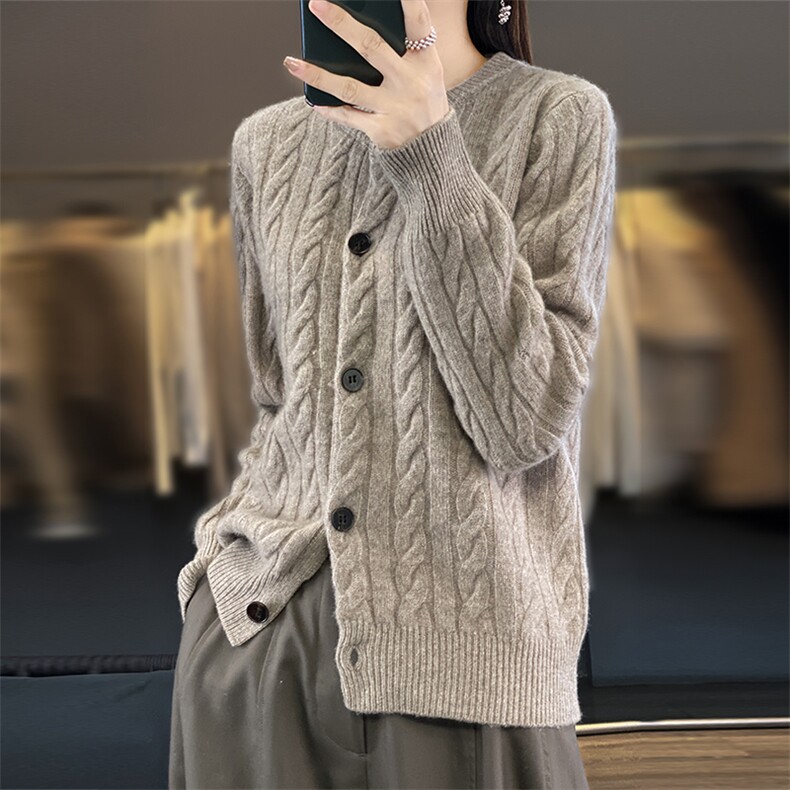 2024秋冬新款羊毛女士圆领麻花羊毛开衫,女装羊毛衫,润辉羊绒