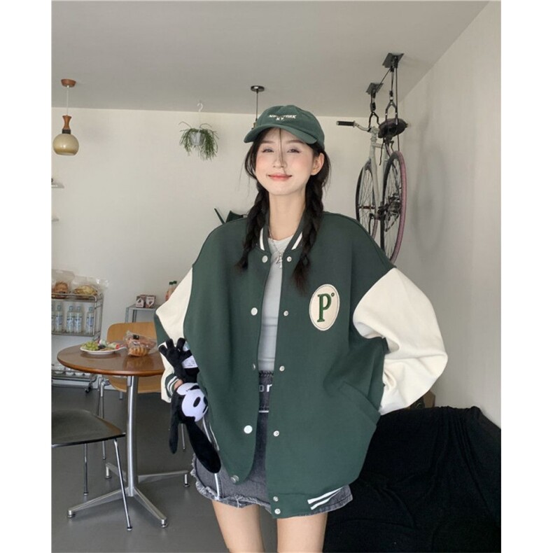 5624-P35美式复古港风宽松撞色长袖夹克棒球服外套图片