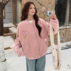 雪景甜美粉色毛呢棒球服（玩偶可拆卸），女装毛呢外套，天使之佳话