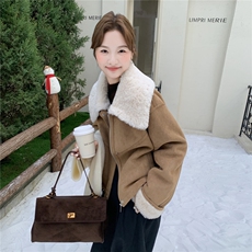 卡其色翻领皮毛一体羊羔毛外套女2025冬季新款爆款韩系小个子棉服，女装短外套，2C098