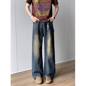 复古猫须纹弯刀牛仔裤男美式微喇cleanfit裤子拖地宽松RK2906-P47图片