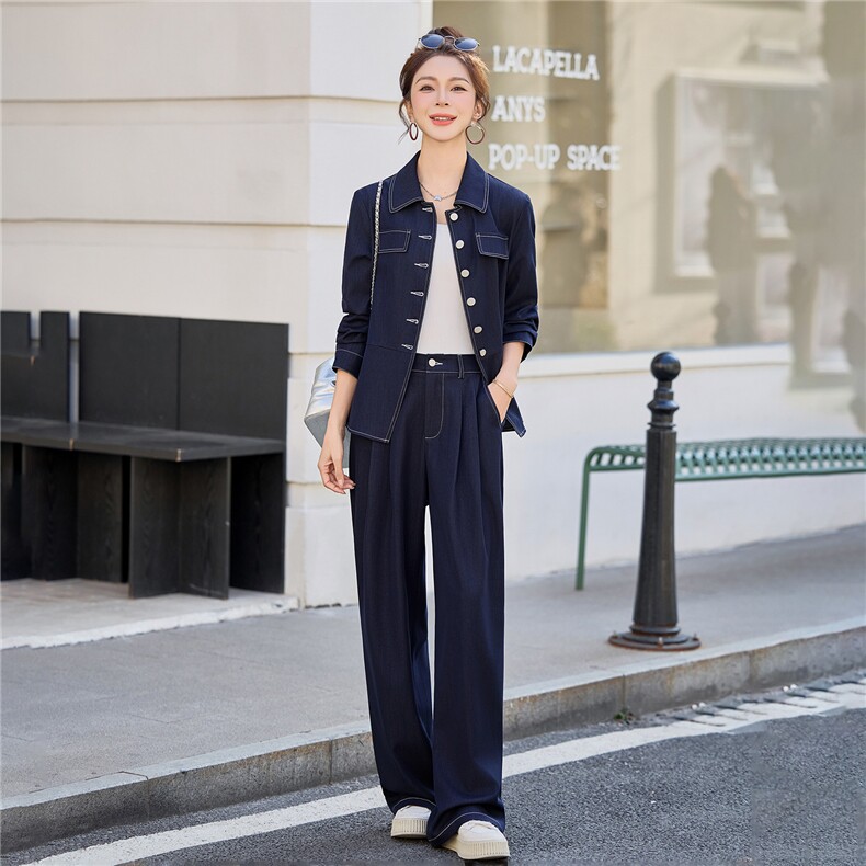 （新款现货）2026春装时尚收腰显瘦天丝牛仔阔腿腰带套装两件套,女装套装/套裙,印象茜