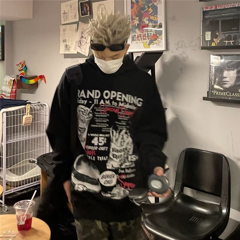 美式复古手绘印花连帽卫衣女花灰色潮牌情侣外套新款连帽套头常规图片
