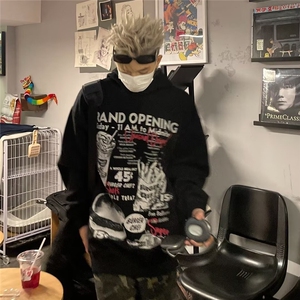 美式复古手绘印花连帽卫衣女花灰色潮牌情侣外套新款连帽套头常规图片