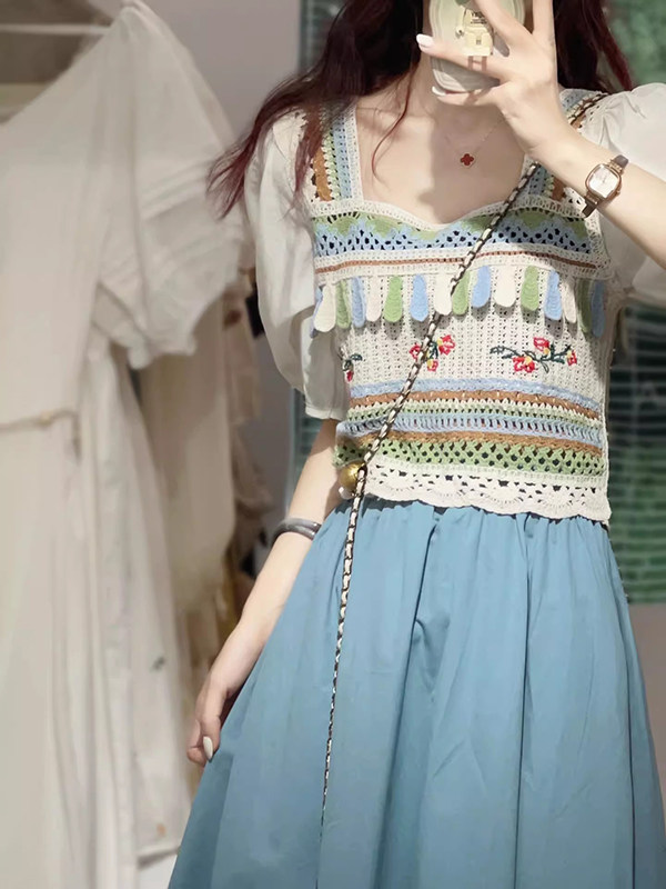 新中式方领泡泡袖小衫上衣女夏季波西米亚衬衣镂空衬衫设计感小众，女装蕾丝衫/雪纺衫，初闻兮