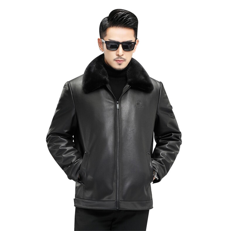 J8069新款海宁男式绵羊皮皮衣男翻领兔毛内胆皮克服夹克P990，男装皮衣，电商B360