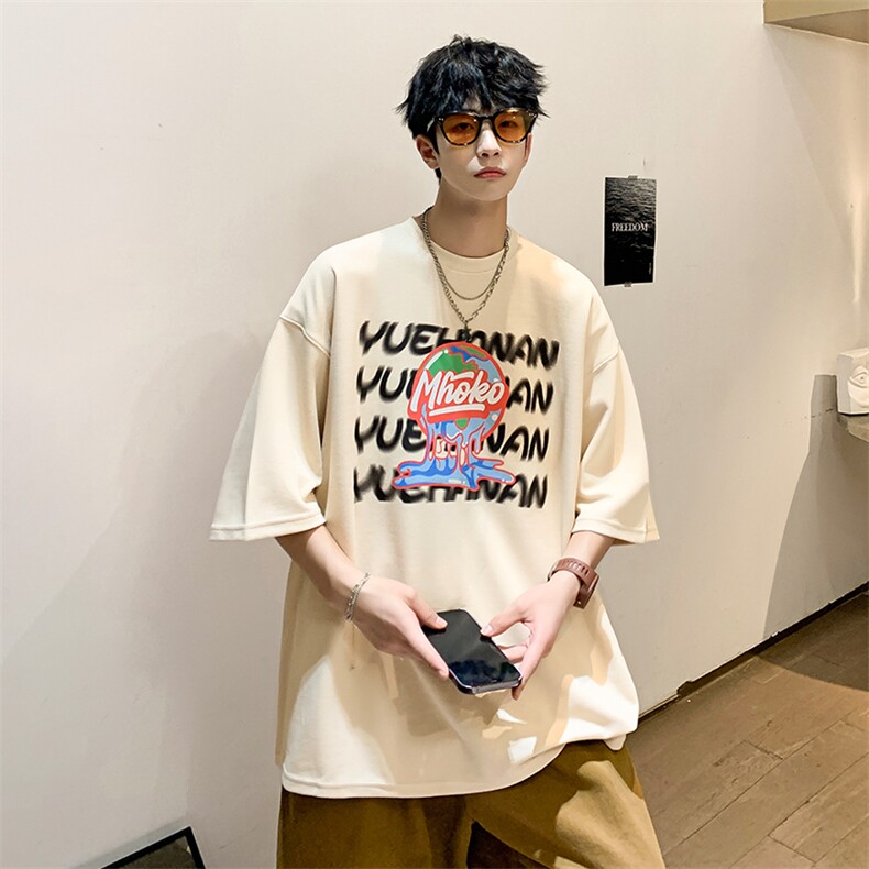抖音供货、200克现货全棉印花宽松版型短袖T恤D223A-T22126-P25,男装T恤,电商019-1